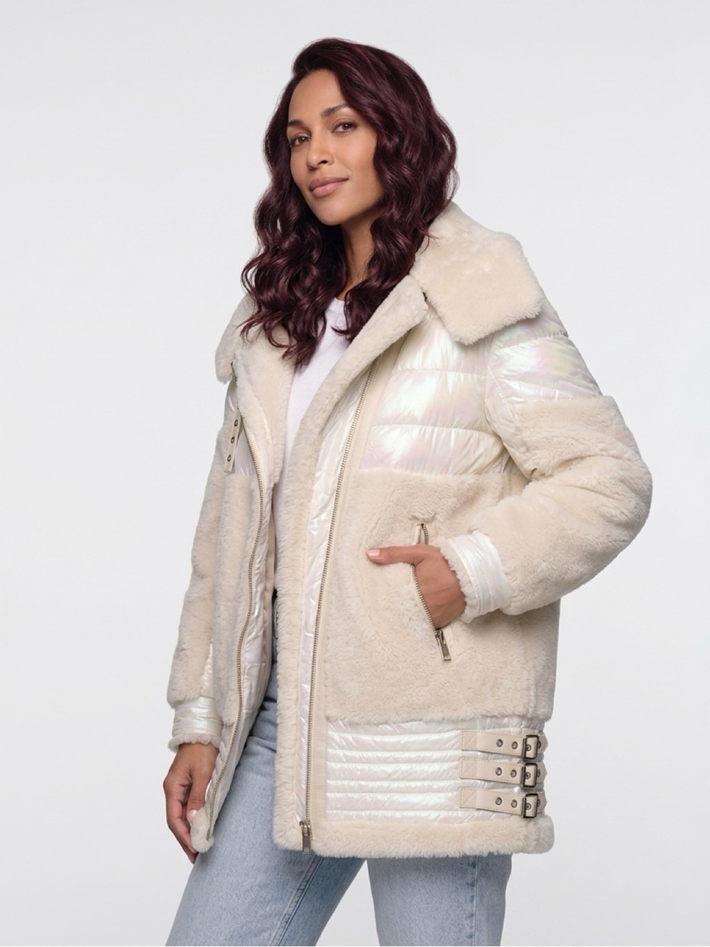 Verramani Jacket Size 42 White Iridescent Puffer Sherpa Moto